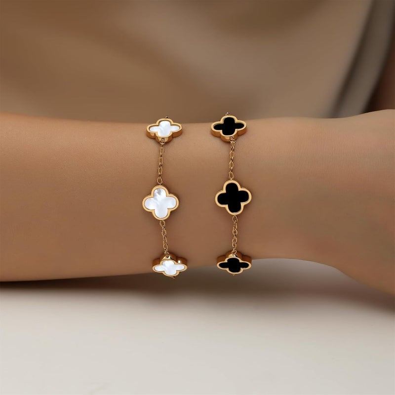 HAITTY 18K Gold Plated Clover Bracelet Set for Women White/Black/Gold/Silver/Green/Pink Adjustable Link Double-Sided Lucky Bracelets Trendy Bracelets Set Jewelry Gifts for Women Men - Image 5